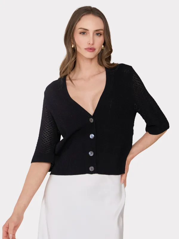 Pointelle V-Neck Cardigan in Black sold by Autumn Cashmere