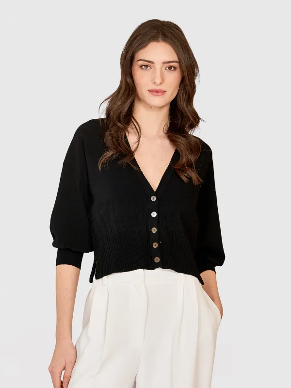 Drop Shoulder Cardigan W/ Ottoman Ribs in Black made by Autumn Cashmere