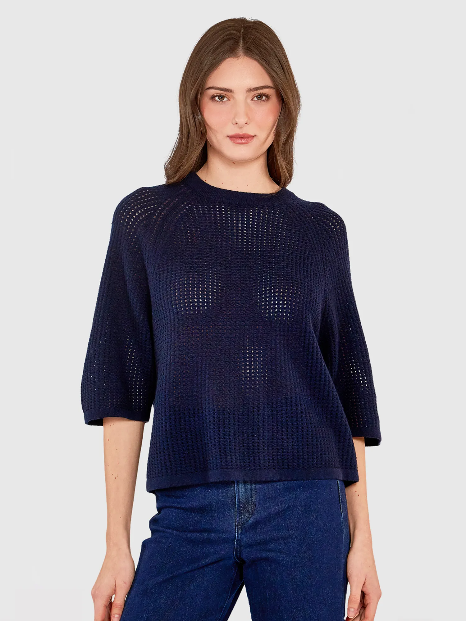 Mesh Stitch Crew in Navy sold by Autumn Cashmere