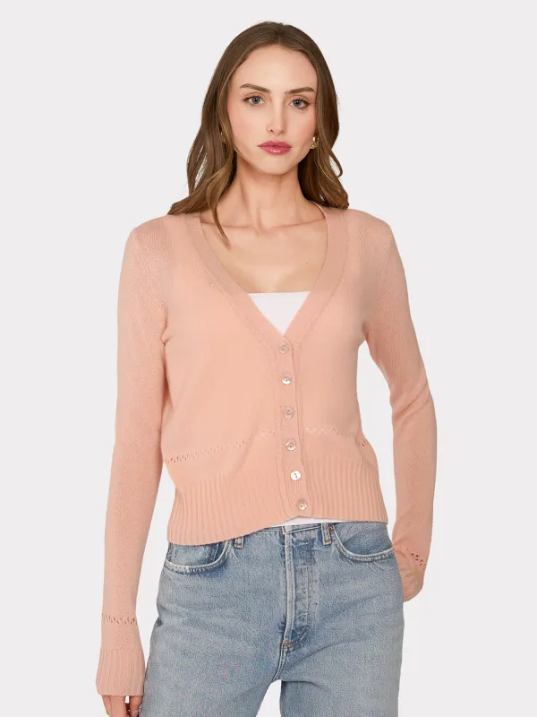 V-Neck Cardigan w/ Pointelle Stitch Detail in Apricot sold by Autumn Cashmere