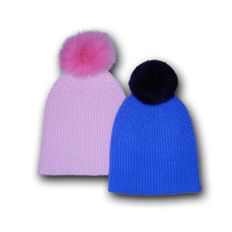 Beanie W/ Contrast Fur Pom Pom in Blossom sold by Autumn Cashmere