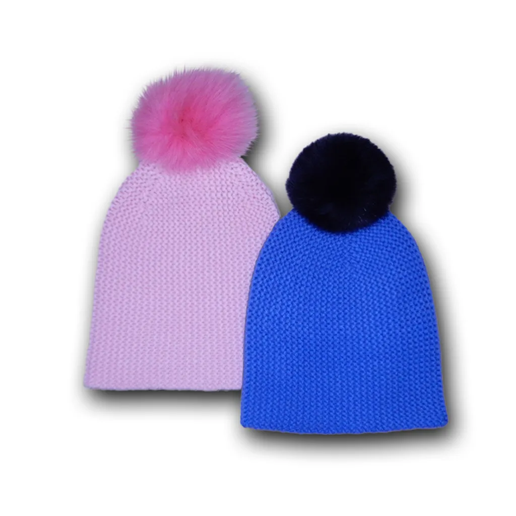 Beanie W/ Contrast Fur Pom Pom in Blossom sold by Autumn Cashmere