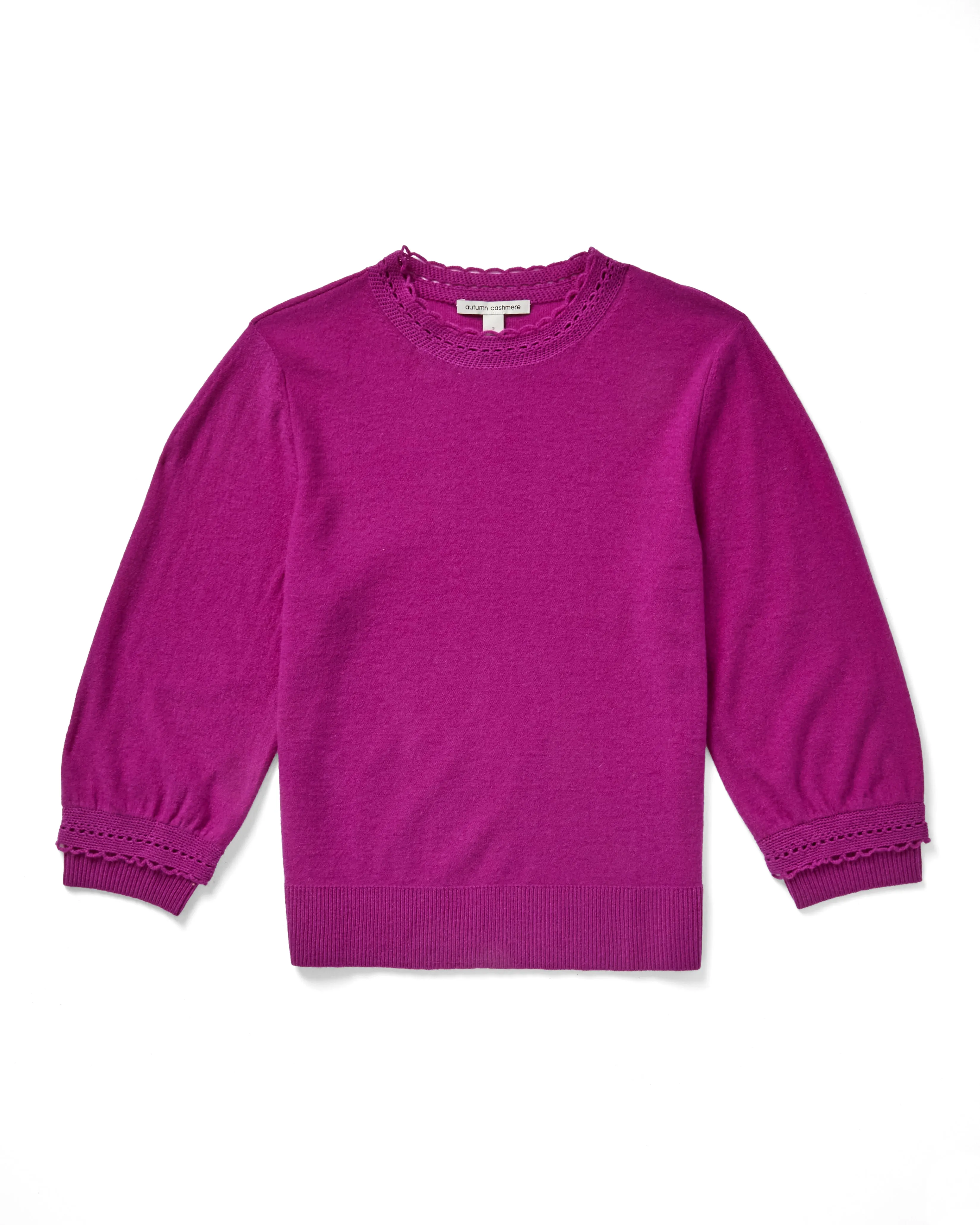 Blouson 3/4 Sleeve w/ Crochet Edging in Hollyhock sold by Autumn Cashmere