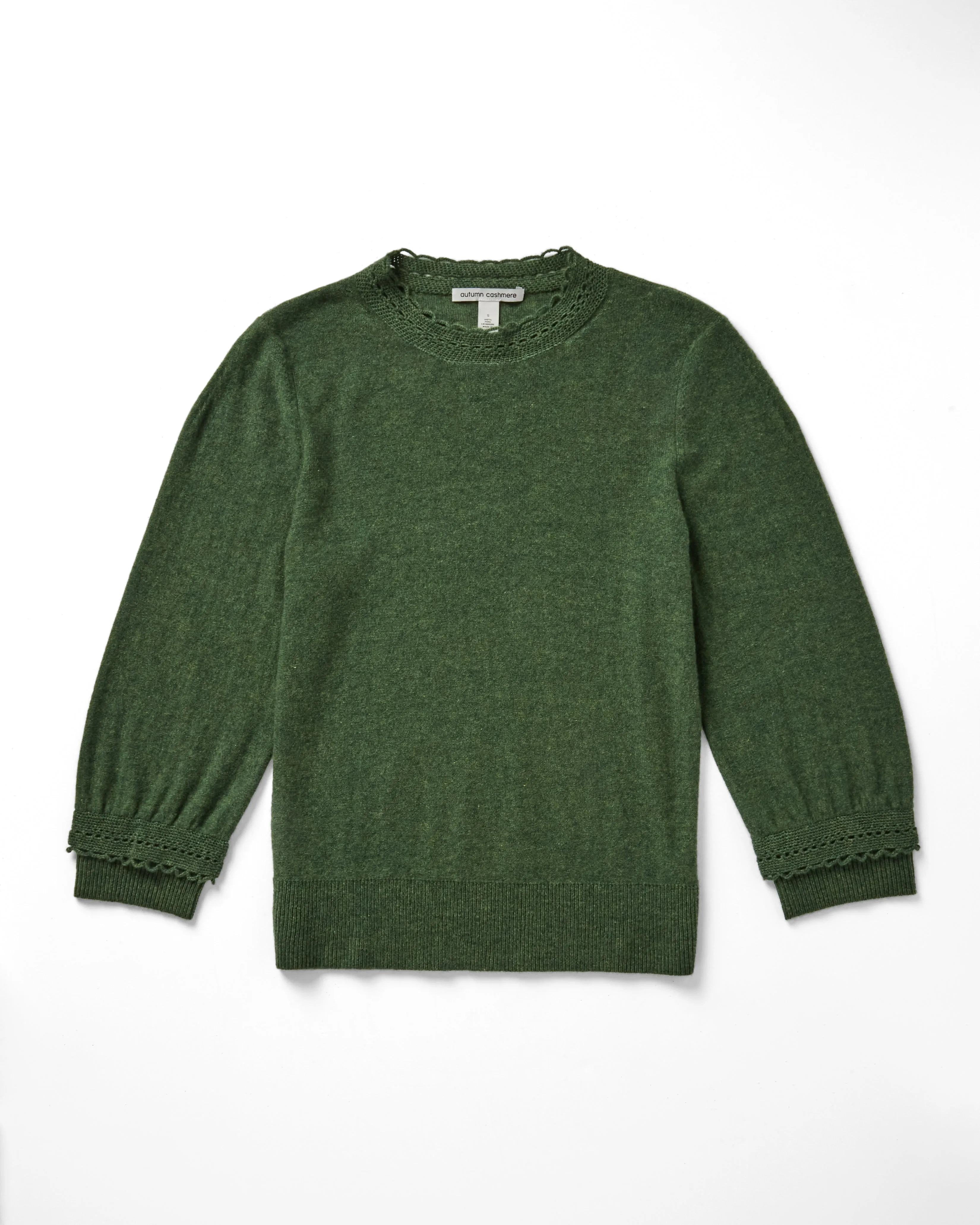 Blouson 3/4 Sleeve w/ Crochet Edging in Pickle sold by Autumn Cashmere