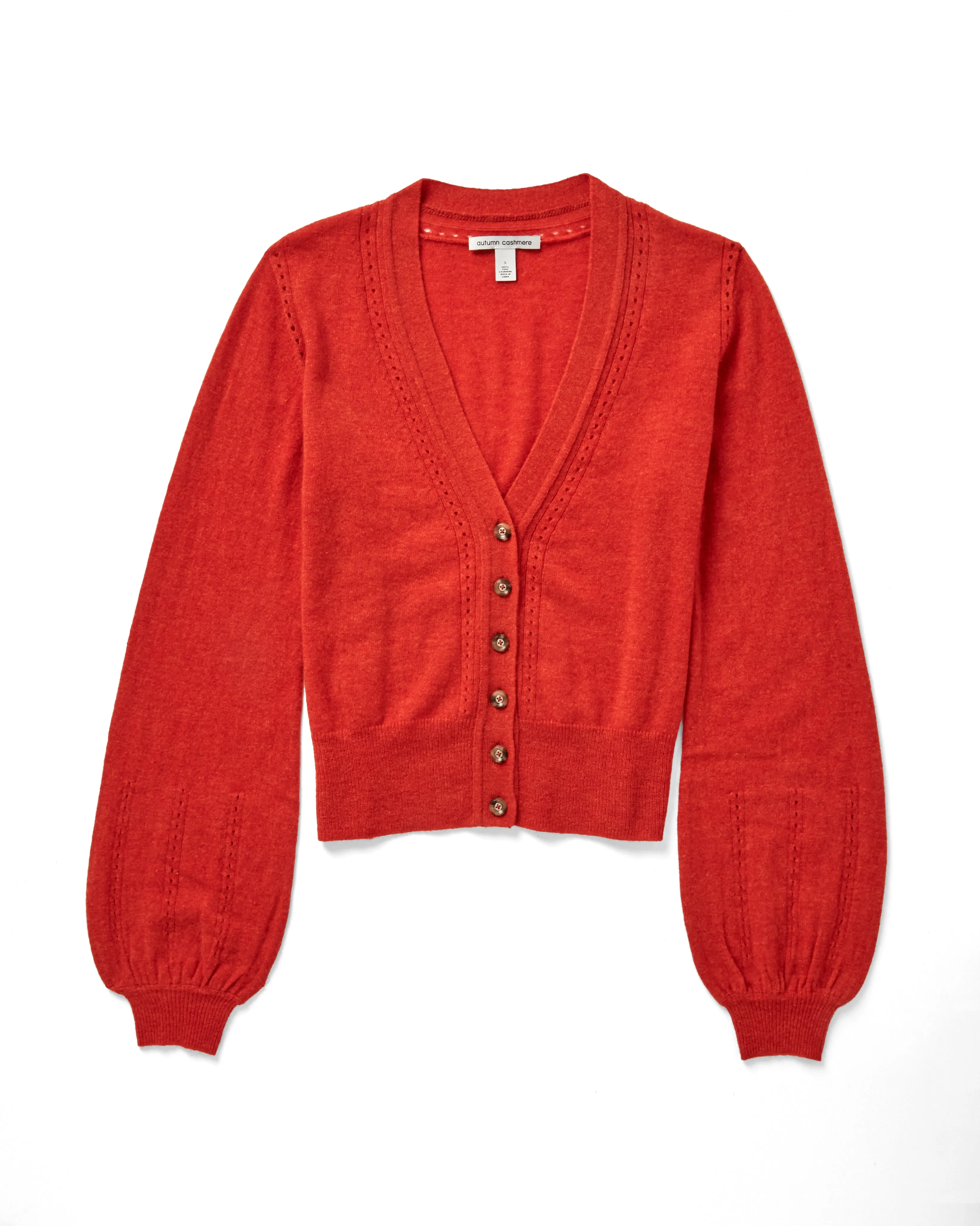 Balloon Sleeve Cardigan W/ Pointelle Detail in Paprika sold by Autumn Cashmere
