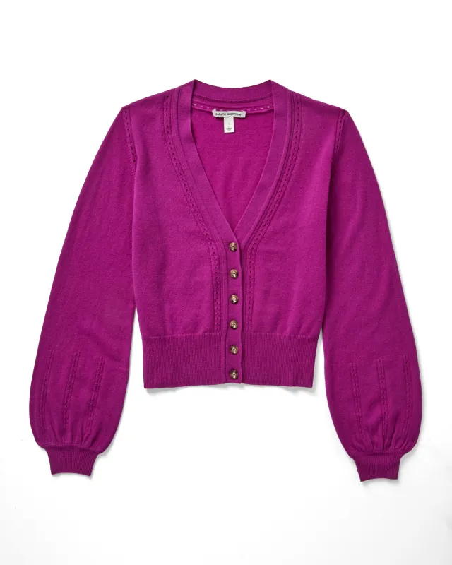 Balloon Sleeve Cardigan W/ Pointelle Detail in Hollyhock sold by Autumn Cashmere