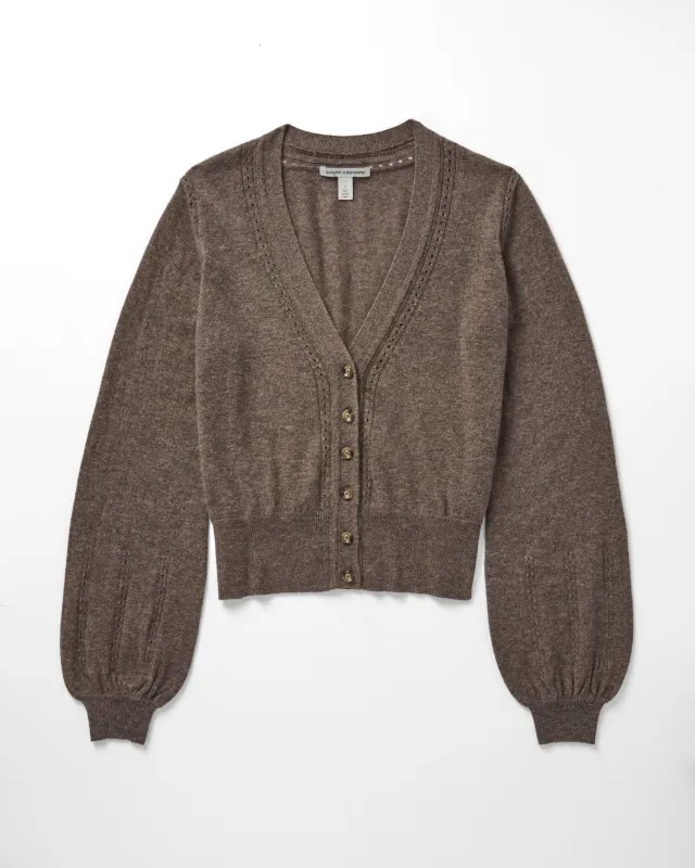 Balloon Sleeve Cardigan W/ Pointelle Detail in Mulch sold by Autumn Cashmere