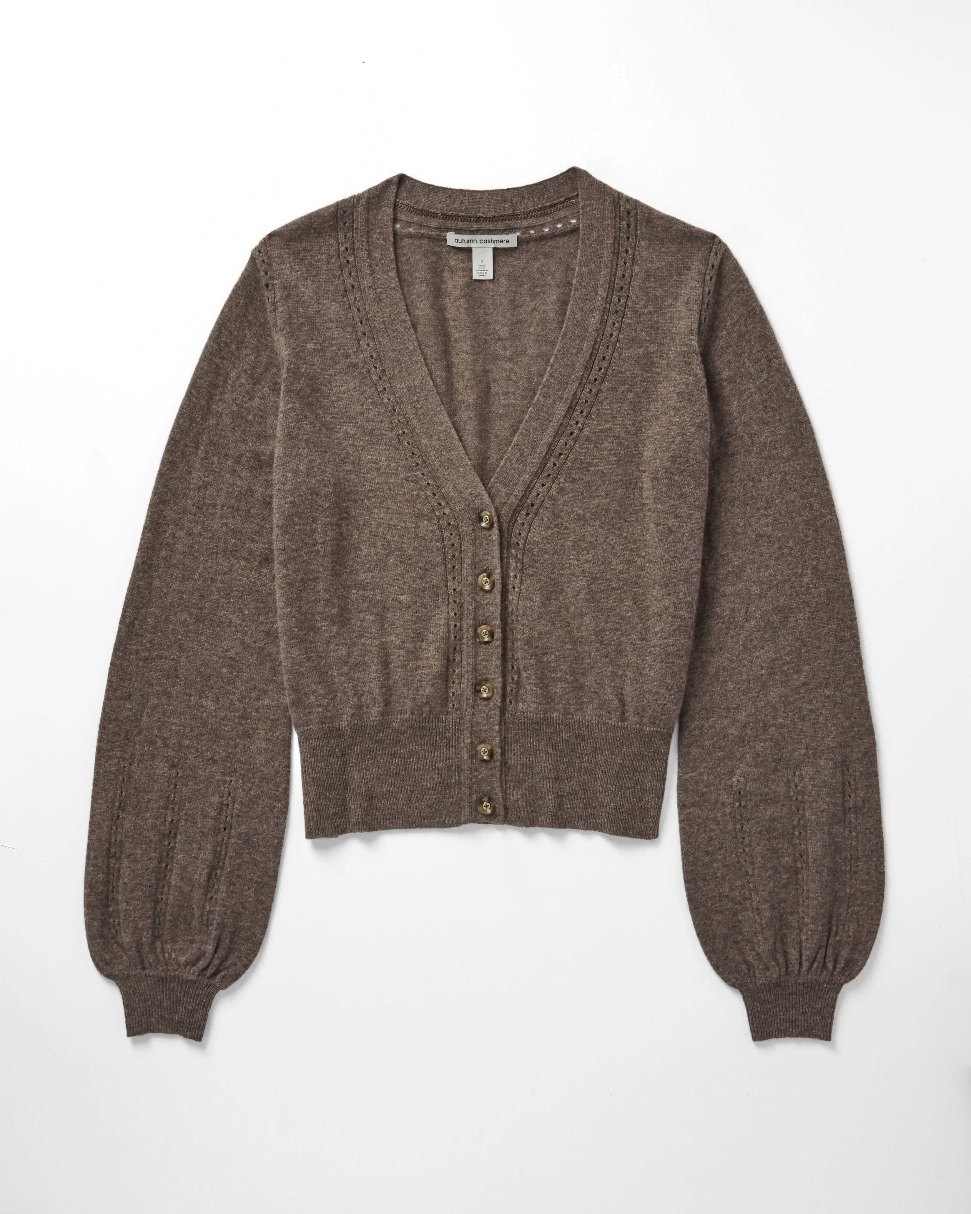 Balloon Sleeve Cardigan W/ Pointelle Detail in Mulch sold by Autumn Cashmere