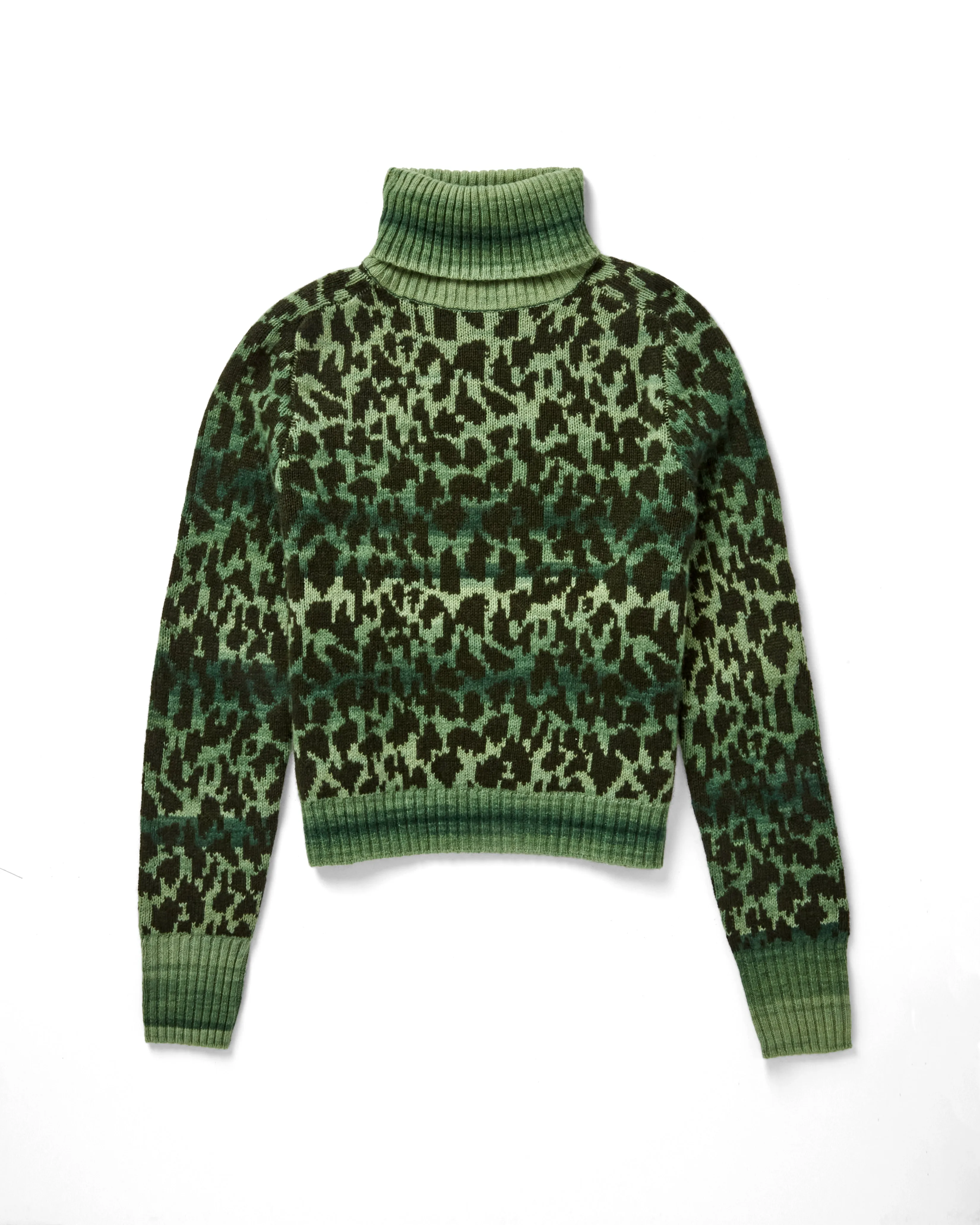 Leopard Space Dye Turtleneck in Greenery Combo sold by Autumn Cashmere