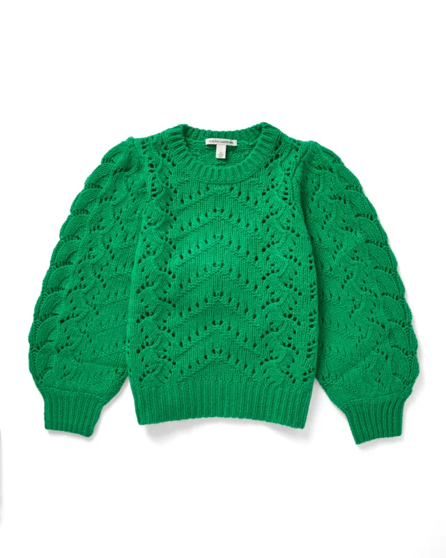 Puff Sleeve Fancy Pointelle Crew in Leprechaun sold by Autumn Cashmere