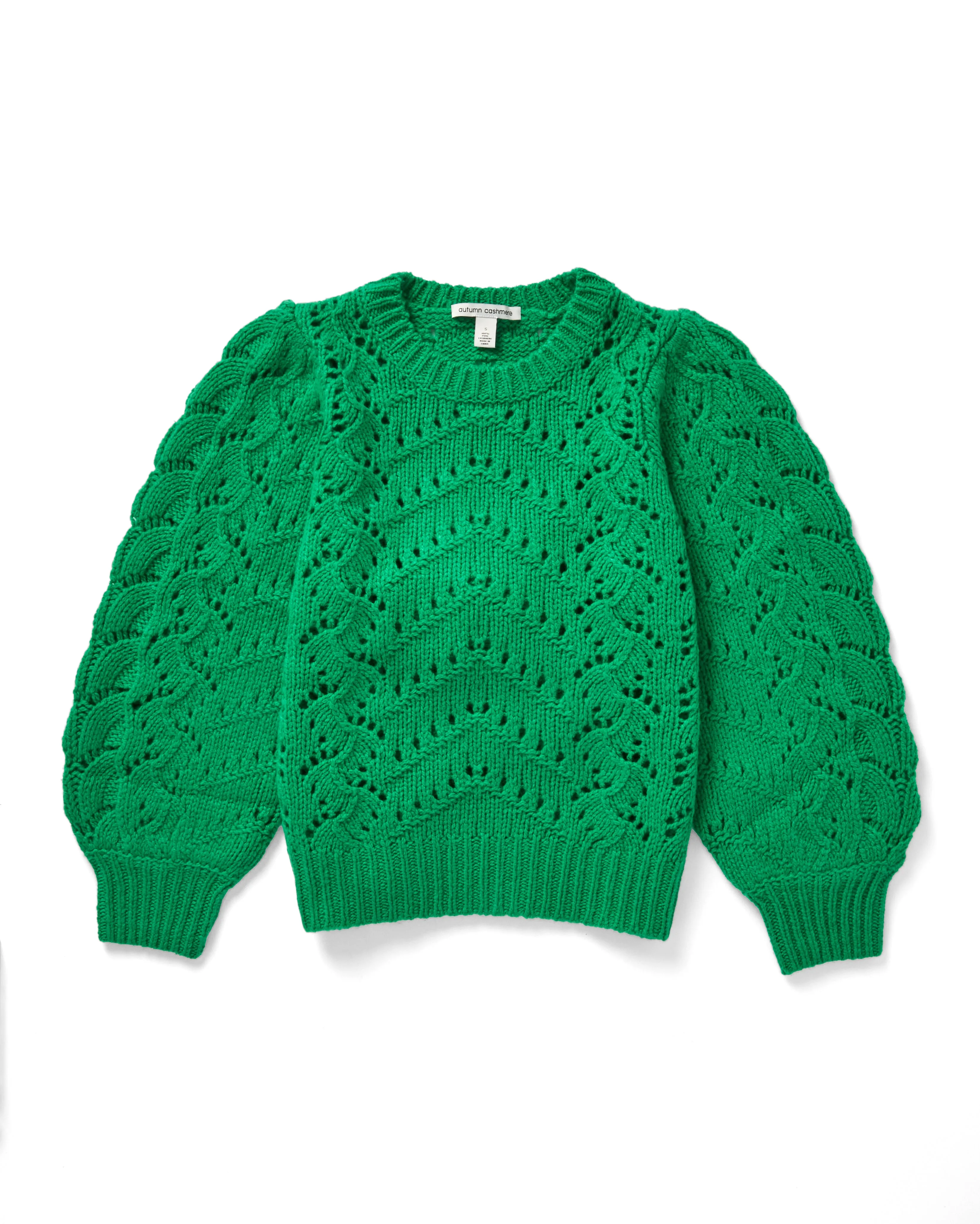 Puff Sleeve Fancy Pointelle Crew in Leprechaun sold by Autumn Cashmere