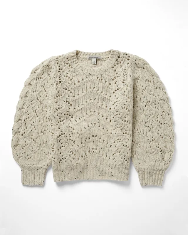 Puff Sleeve Fancy Pointelle Crew in Domino sold by Autumn Cashmere