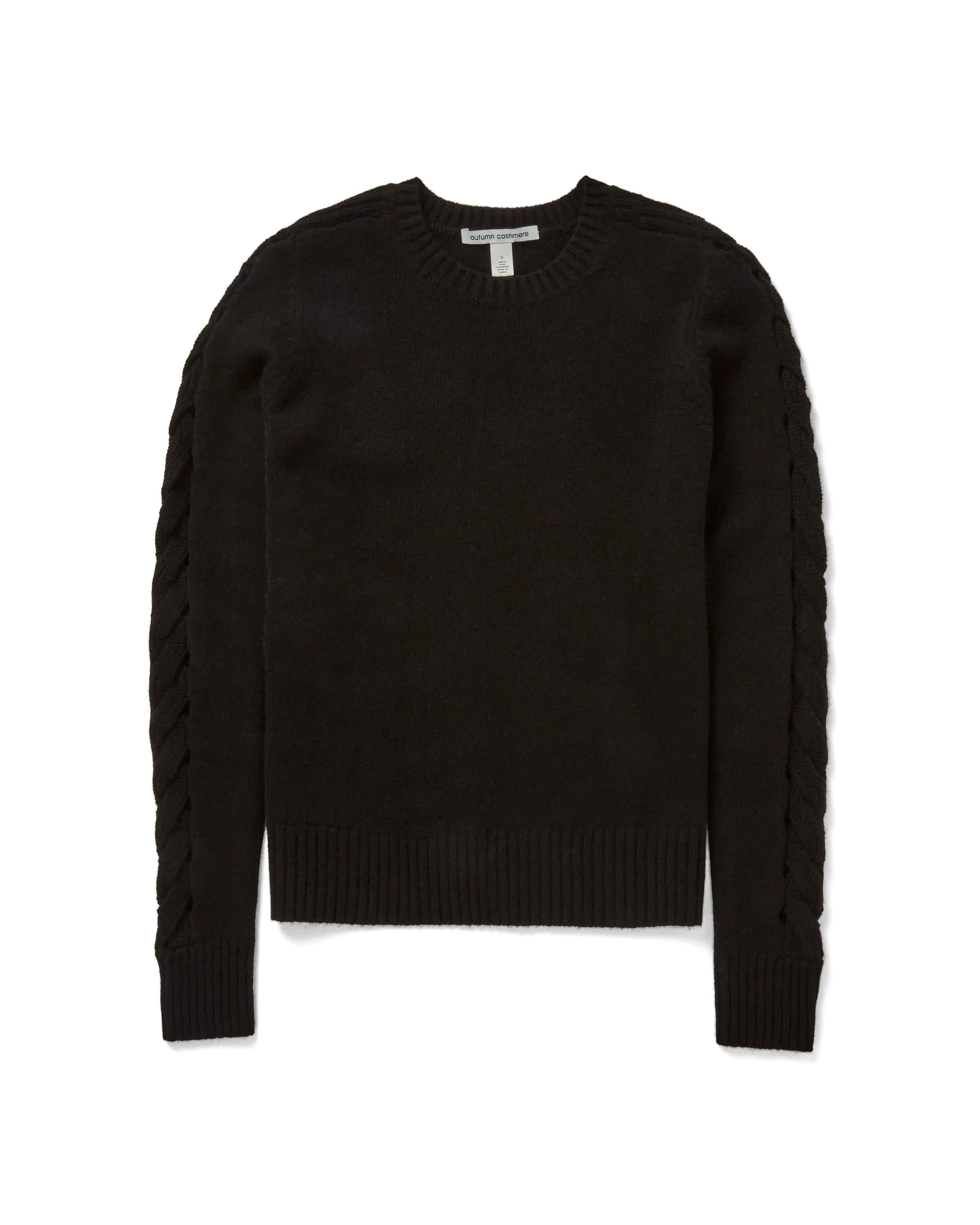 Crew w/ Open Cable Sleeves in Black sold by Autumn Cashmere