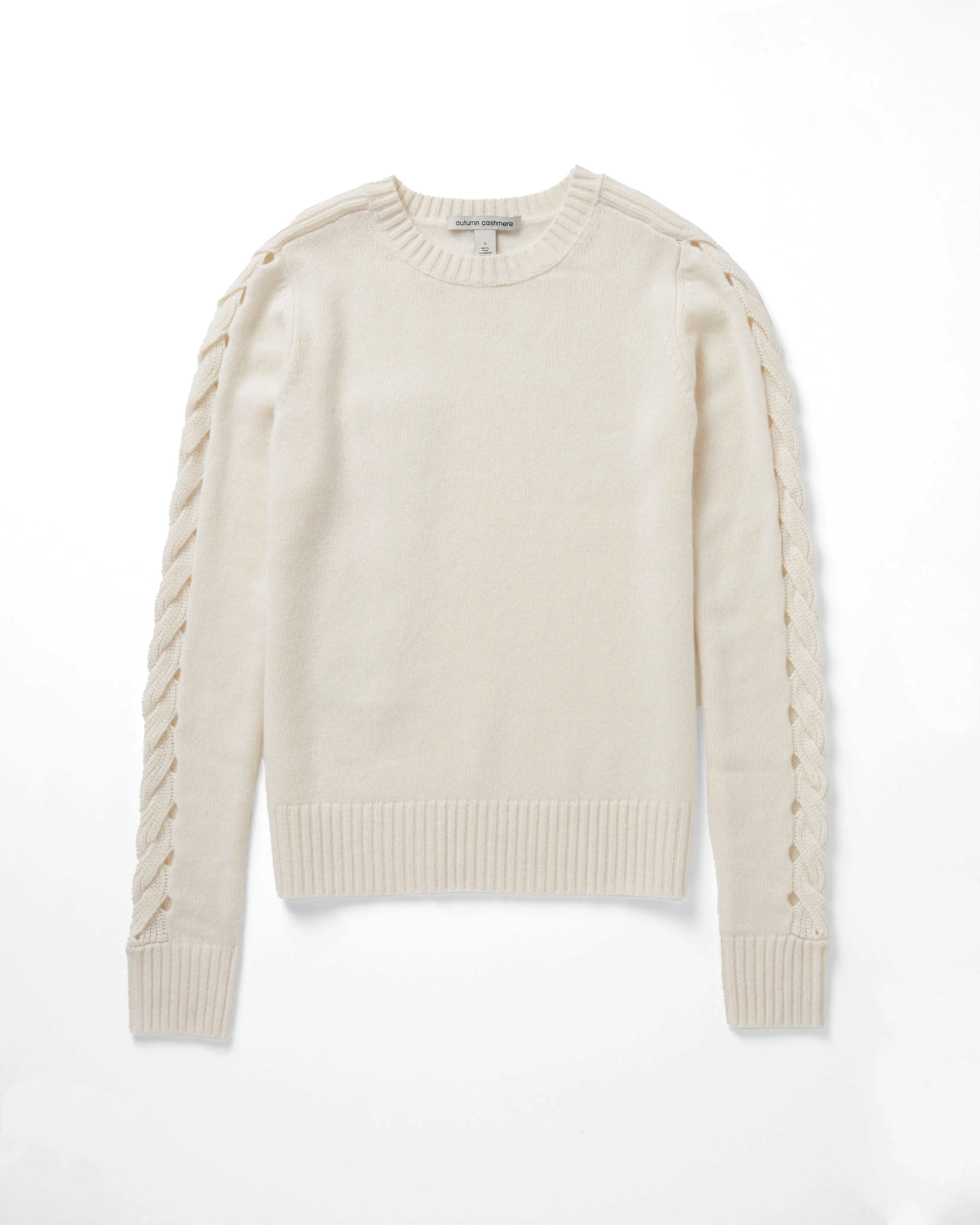 Crew W/ Open Cable Sleeves in Chalk sold by Autumn Cashmere