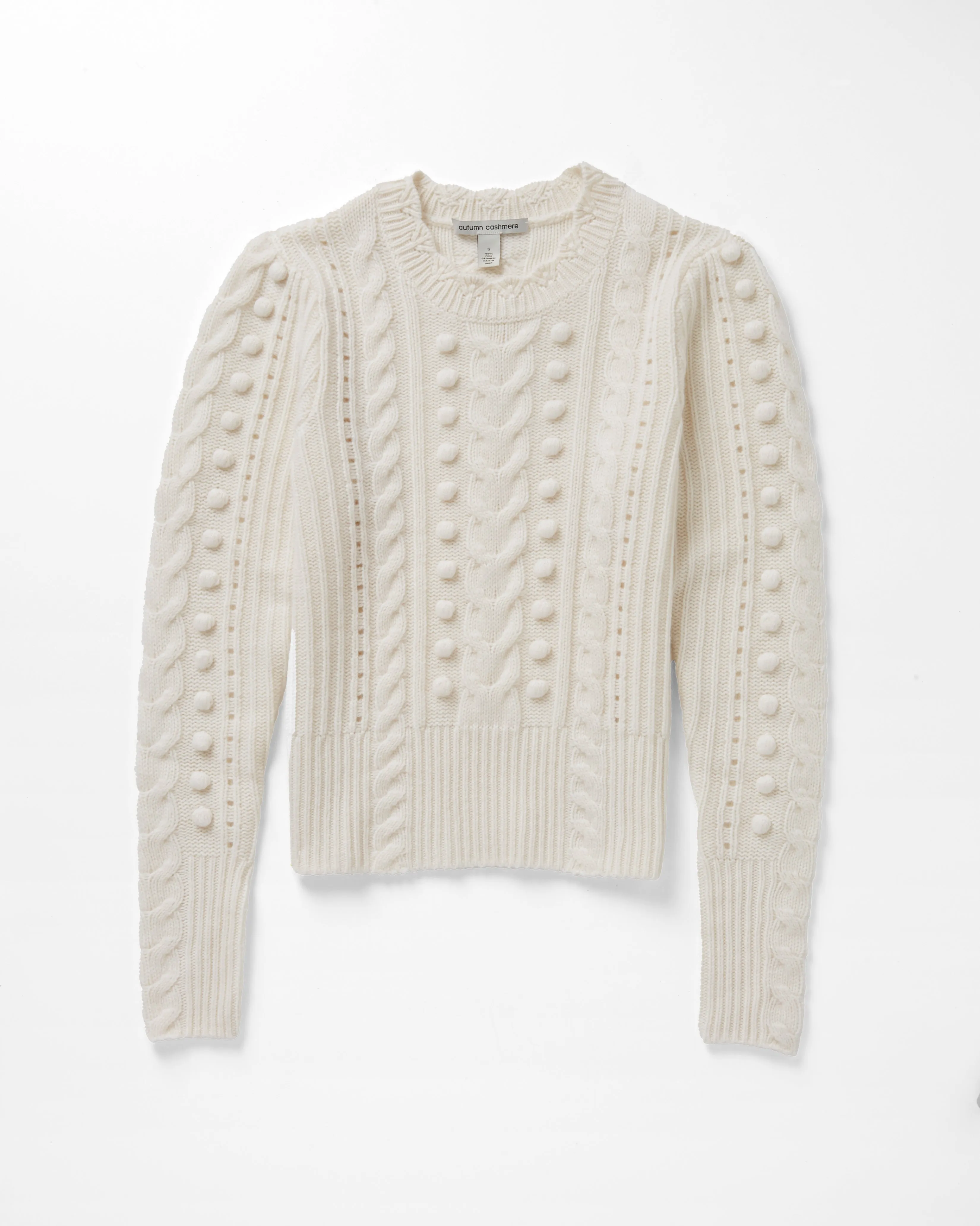 8 Ply Shrunken Cabled Crew in Chalk sold by Autumn Cashmere