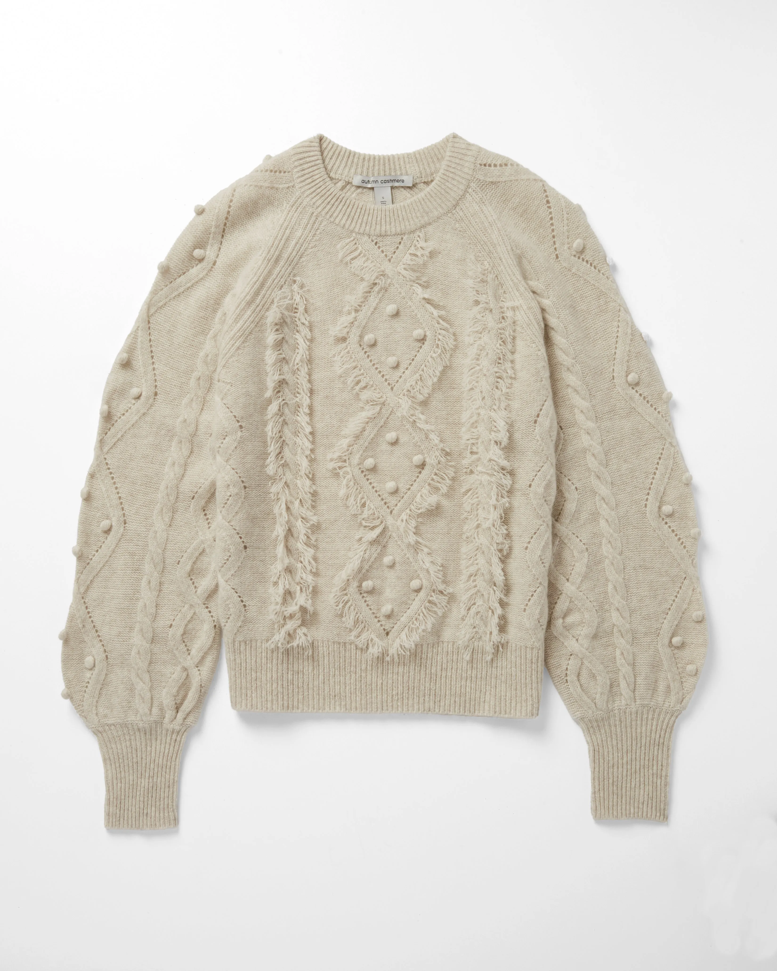 Fringed Cable Popcorn Crew sold by Autumn Cashmere