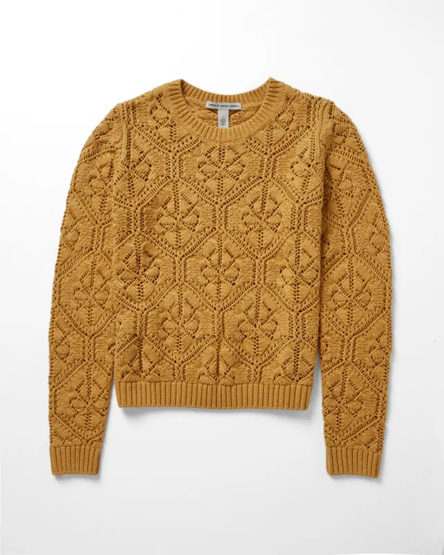 Diamond Stitch Open Pointelle Crew in Mustard sold by Autumn Cashmere