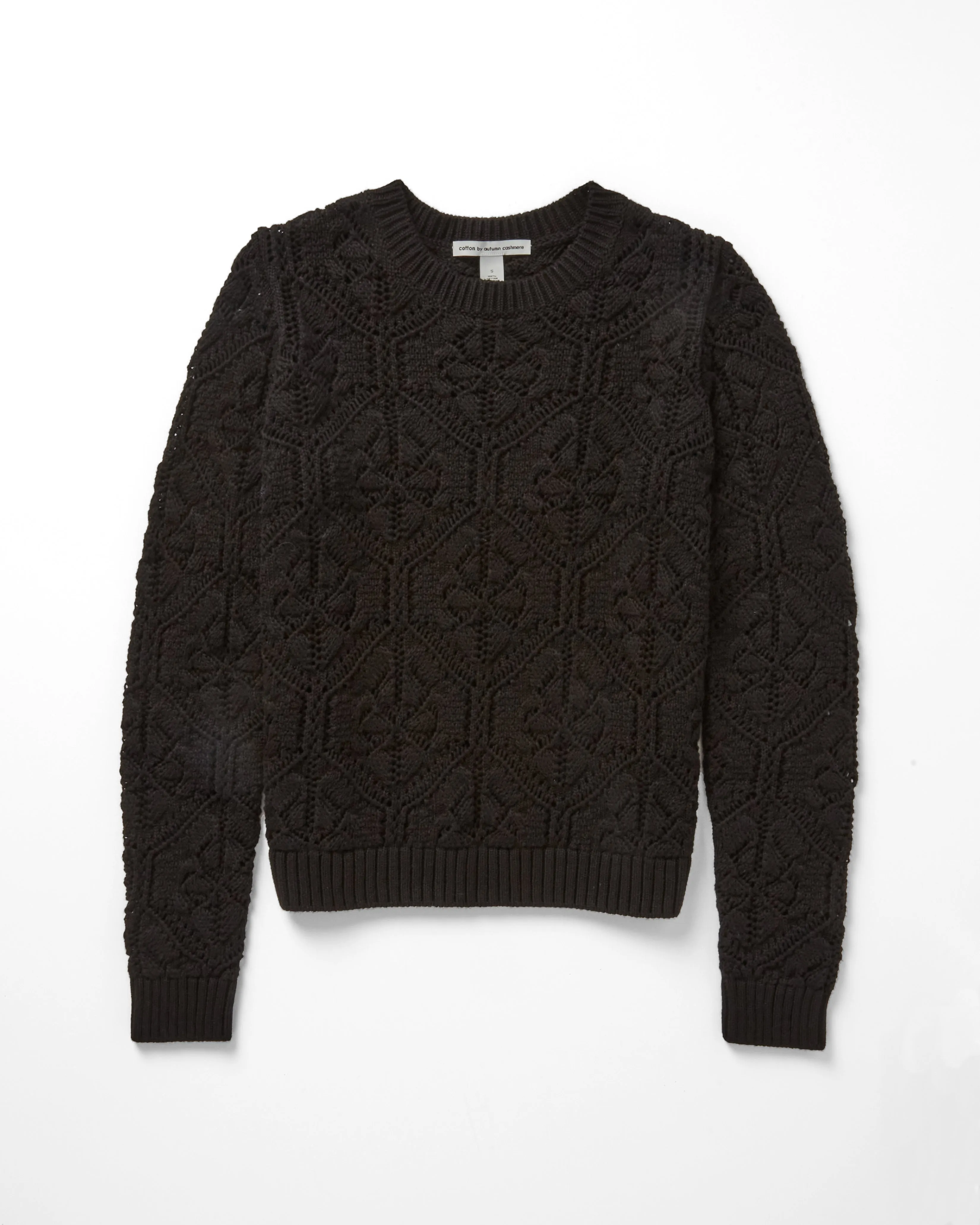 Diamond Stitch Open Pointelle Crew in Black sold by Autumn Cashmere