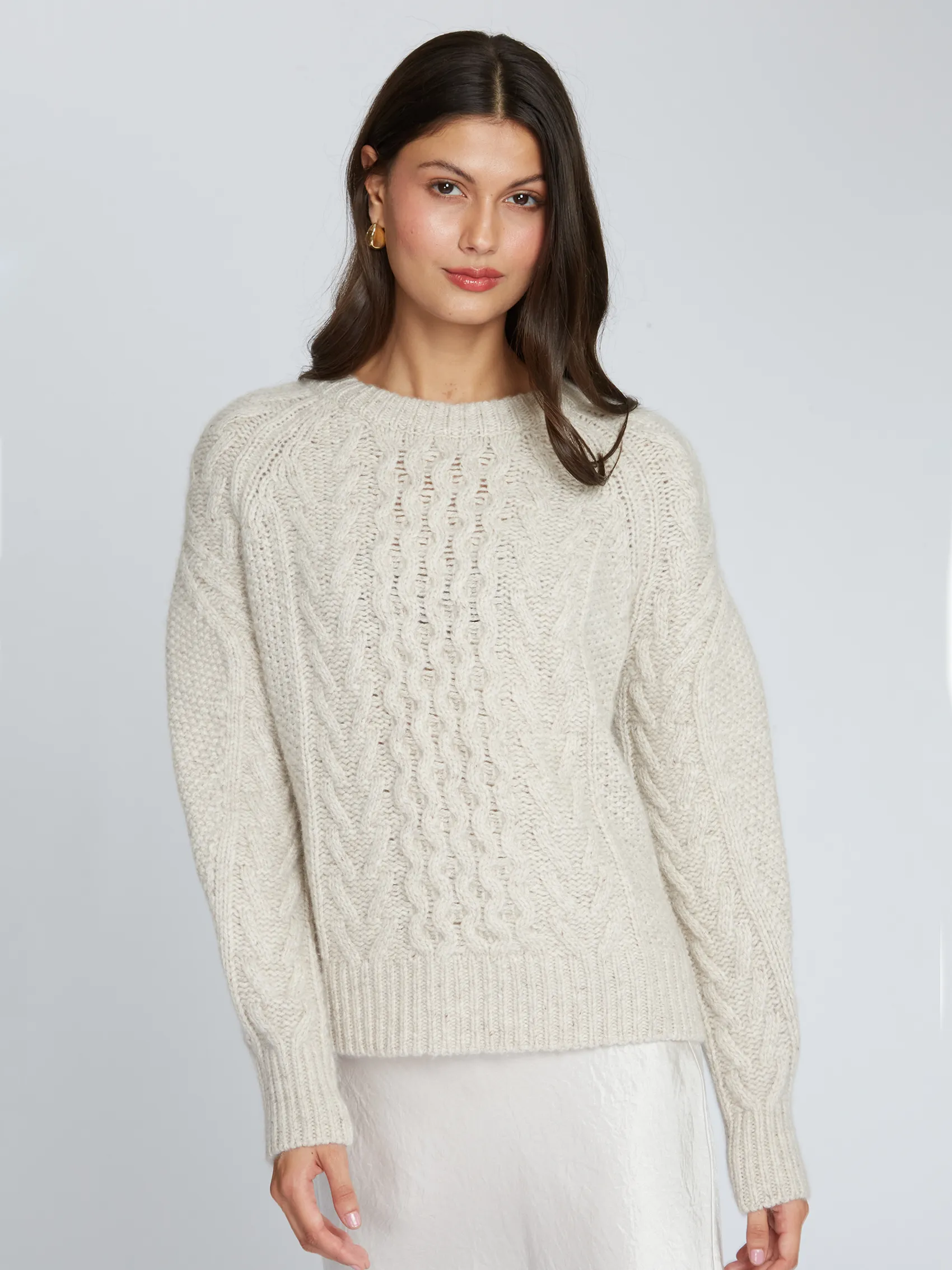 Fisherman Cable Crew with Pleat Sleeve in Mojave sold by Autumn Cashmere