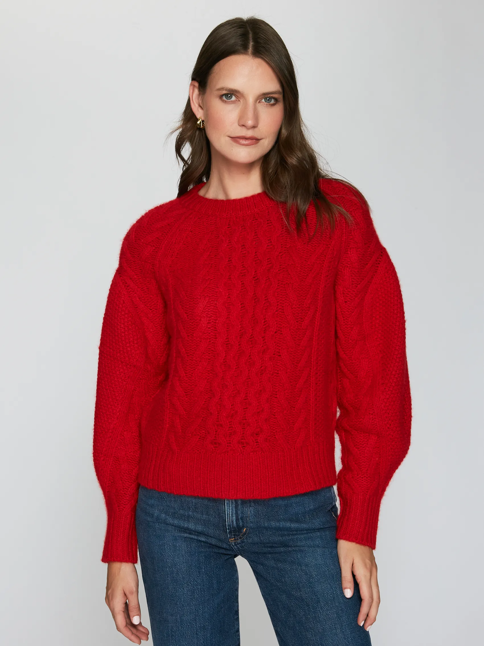 Fisherman Cable Crew with Pleat Sleeve in Blazer sold by Autumn Cashmere