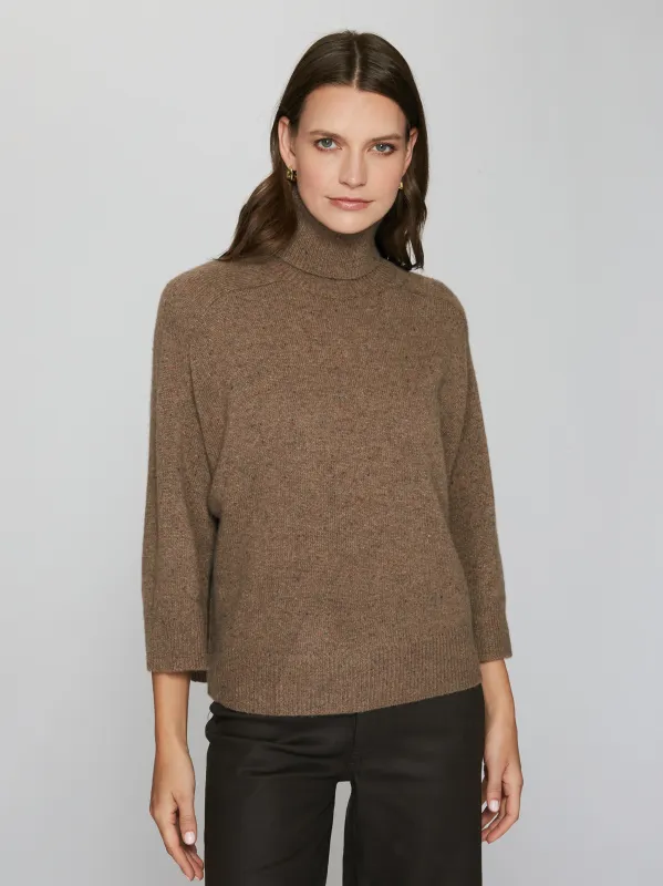 Boxy 3/4 Sleeve Turtleneck W/ Back Yoke in Brownie sold by Autumn Cashmere