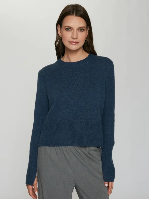 Cropped Boxy Crew w/ Slits in Steel Blue sold by Autumn Cashmere