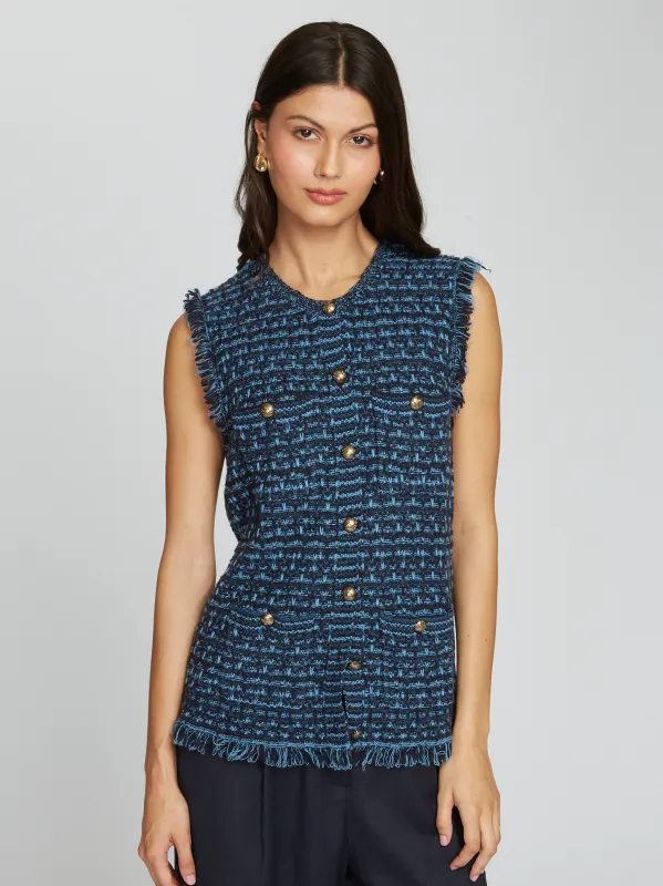 Long Tweed Vest W/ Fringe in Navy Blue Combo sold by Autumn Cashmere