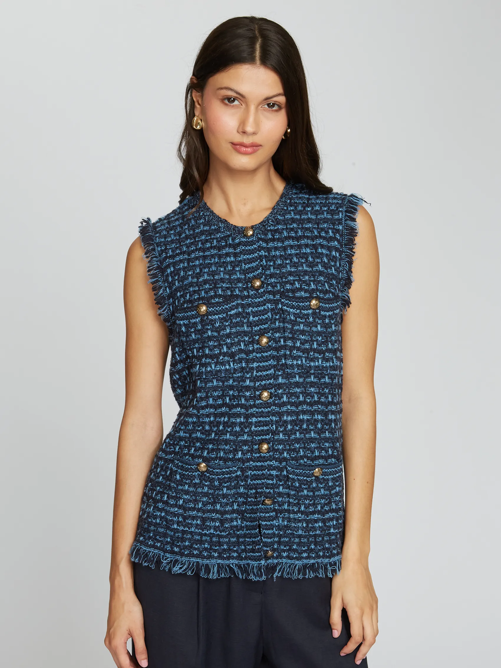 Long Tweed Vest W/ Fringe in Navy Blue Combo sold by Autumn Cashmere