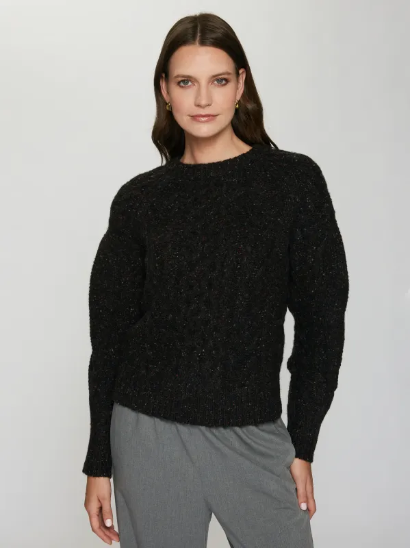 Fisherman Cable Crew with Pleat Sleeve in Pumpernickel sold by Autumn Cashmere