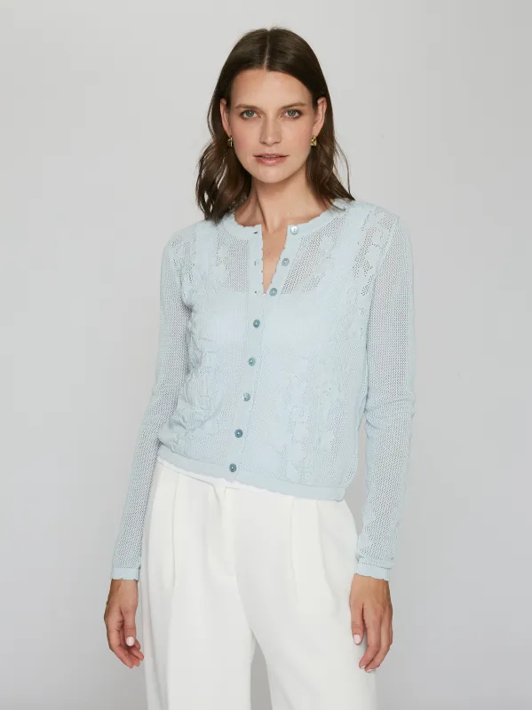 L/S Mesh Cardigan w/ Floral Motif in Tempest sold by Autumn Cashmere