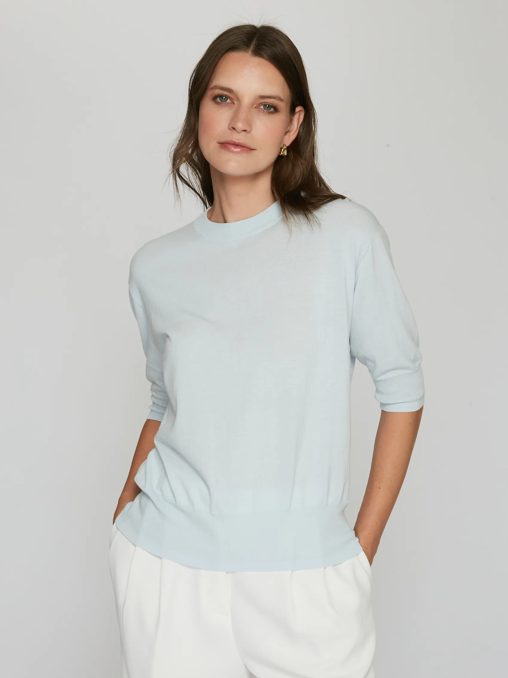 Elbow Sleeve Relaxed Crew in Tempest sold by Autumn Cashmere