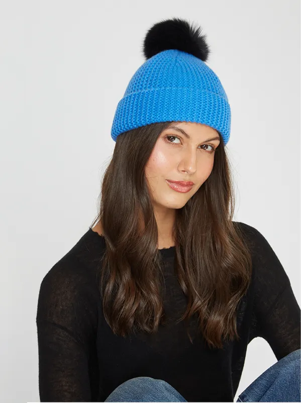 Beanie W/ Contrast Fur Pom Pom in Cosmo Cobalt sold by Autumn Cashmere