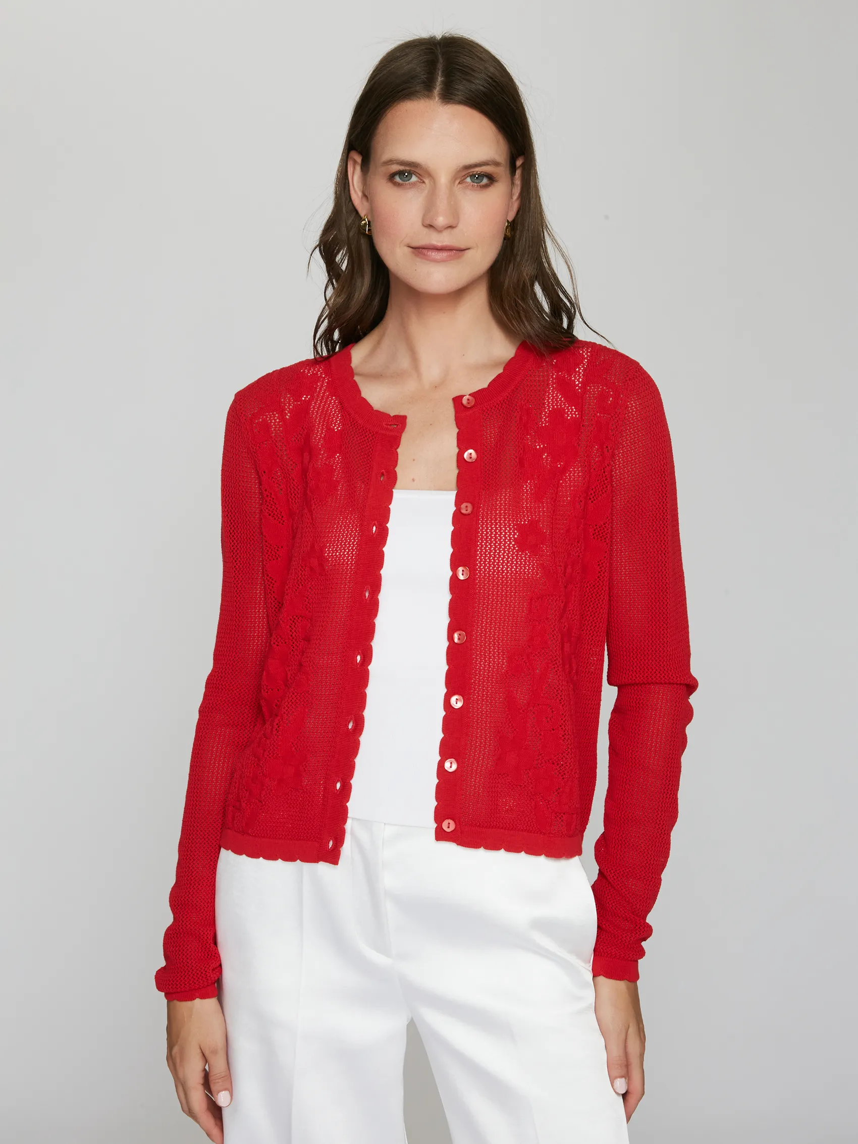 L/S Mesh Cardigan w/ Floral Motif in Maraschino sold by Autumn Cashmere