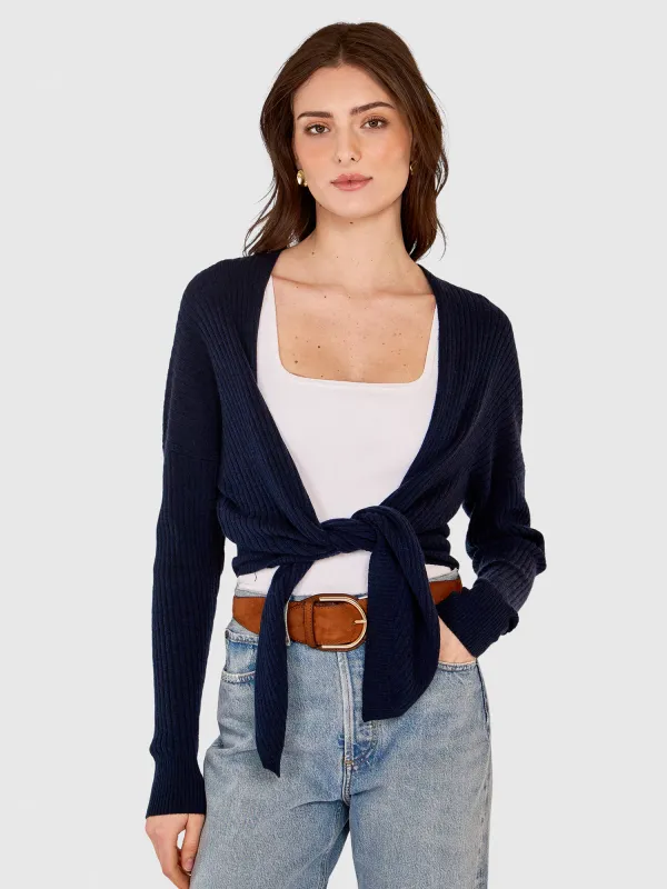 Tie Front Rib Cardigan in Navy sold by Autumn Cashmere