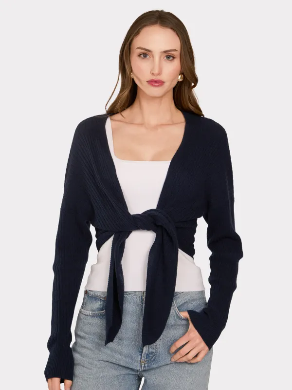 Tie Front Rib Cardigan in Mood Indigo sold by Autumn Cashmere