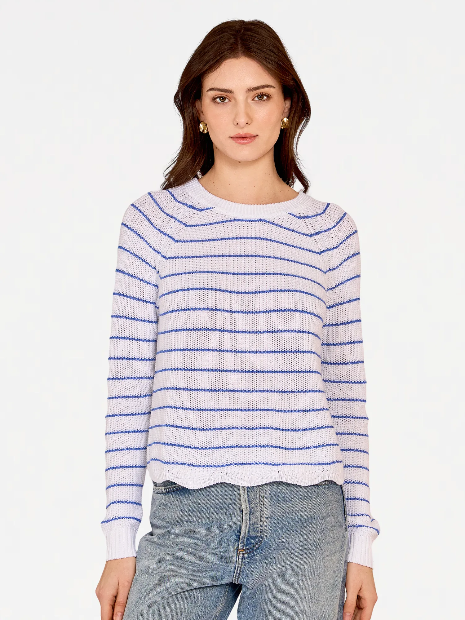 Striped Scallop Shaker Crew in Bleach White/True Blue sold by Autumn Cashmere