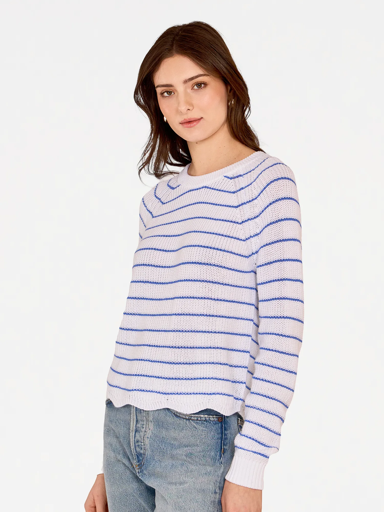 Striped Scallop Shaker Crew in Bleach White/True Blue sold by Autumn Cashmere product image thumbnail 3