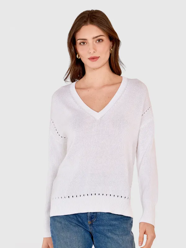 Eyelet V-Neck in Bleach White sold by Autumn Cashmere