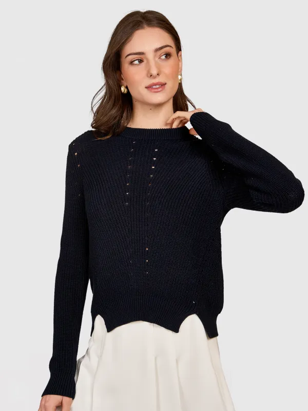 L/S Shaker Crewneck W/ Pointelle Details in Navy Blue made by Autumn Cashmere