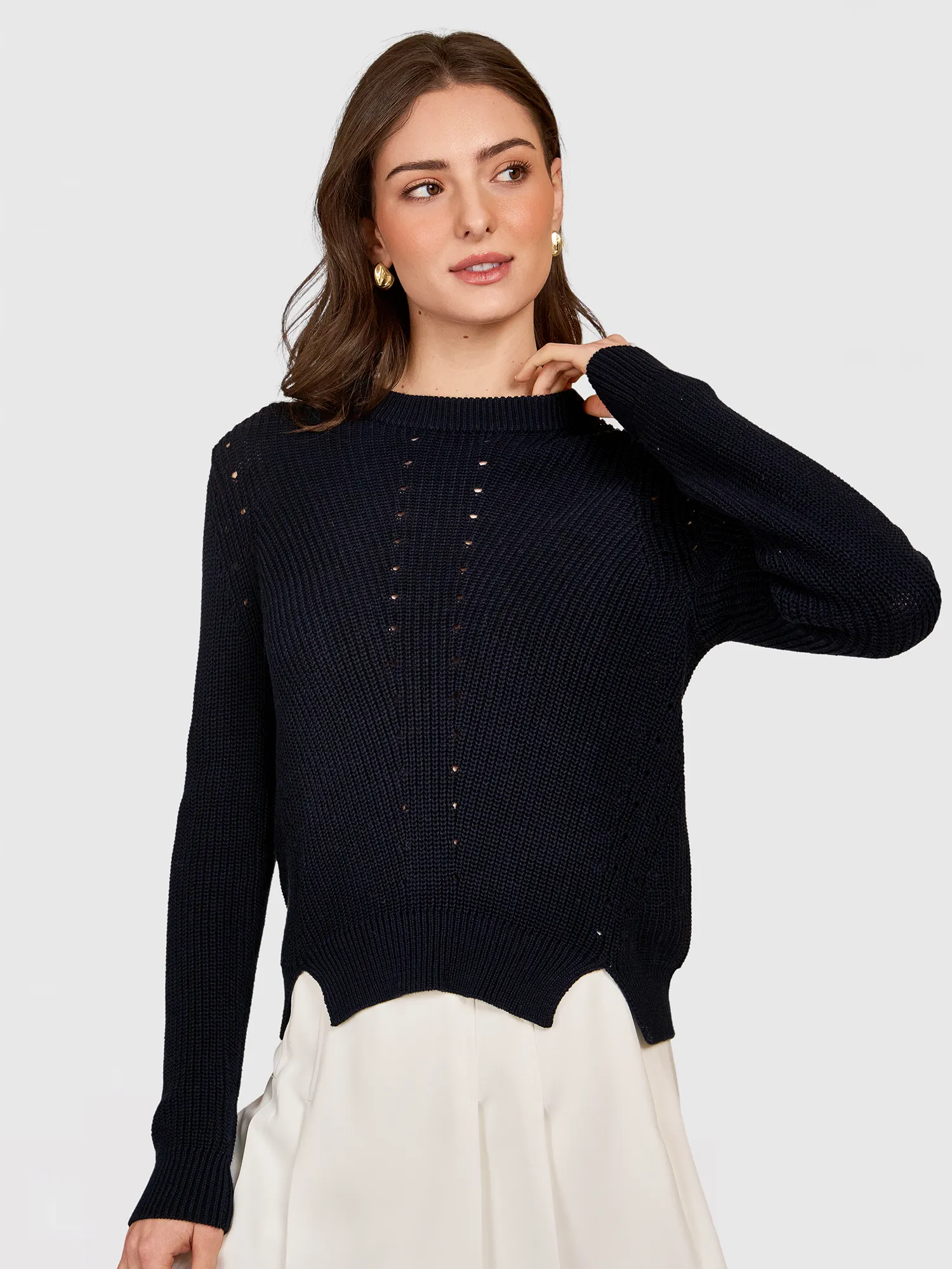 L/S Shaker Crewneck W/ Pointelle Details in Navy Blue sold by Autumn Cashmere