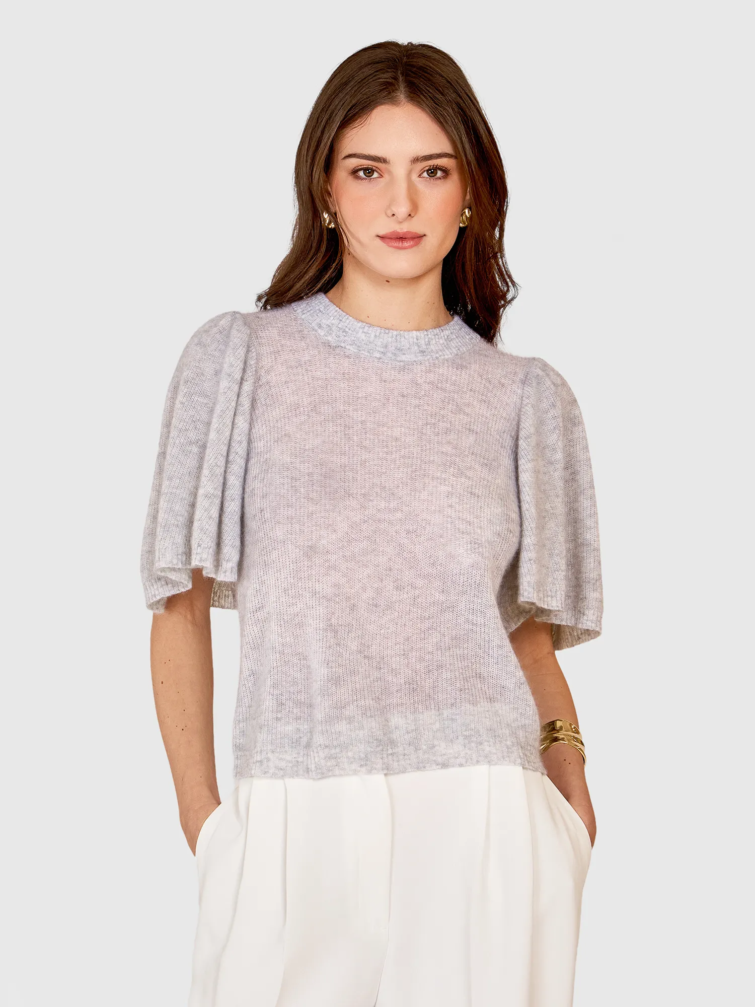 Shaker Flare Sleeve Crew in Cloud sold by Autumn Cashmere