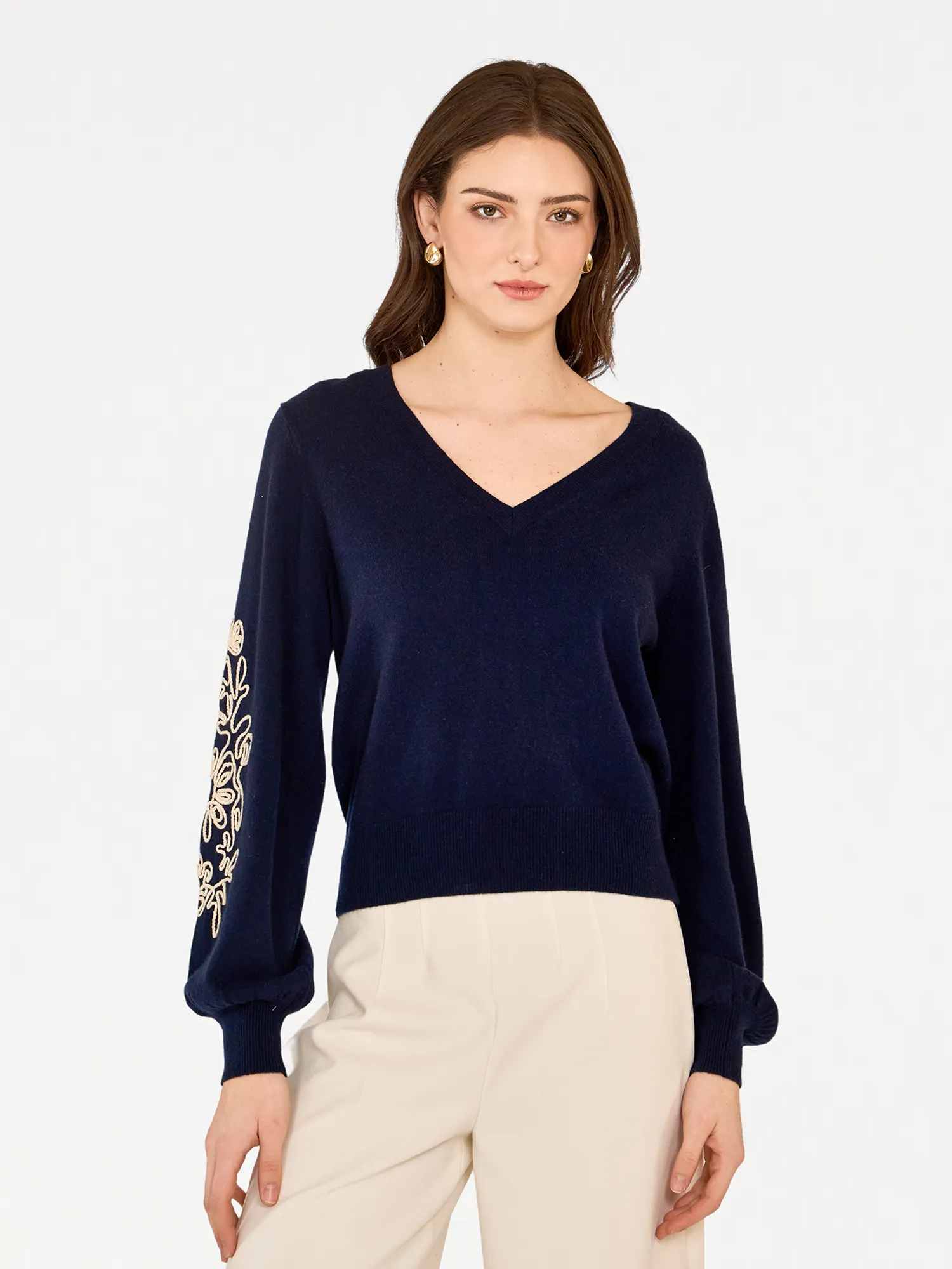 Puff Sleeve V W/ Contrast Embroidery in Navy sold by Autumn Cashmere product image thumbnail 2