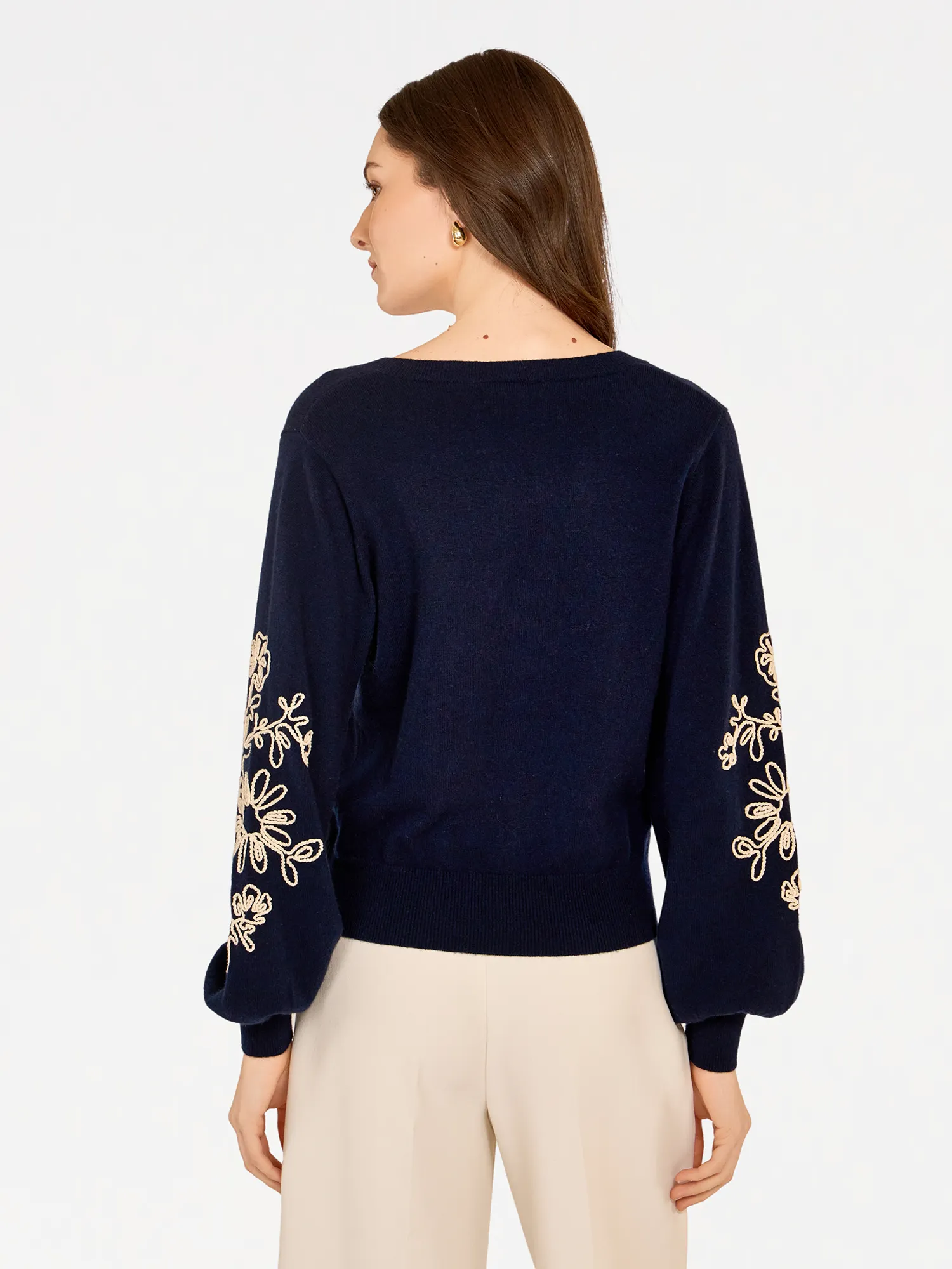 Puff Sleeve V W/ Contrast Embroidery in Navy sold by Autumn Cashmere product image thumbnail 4