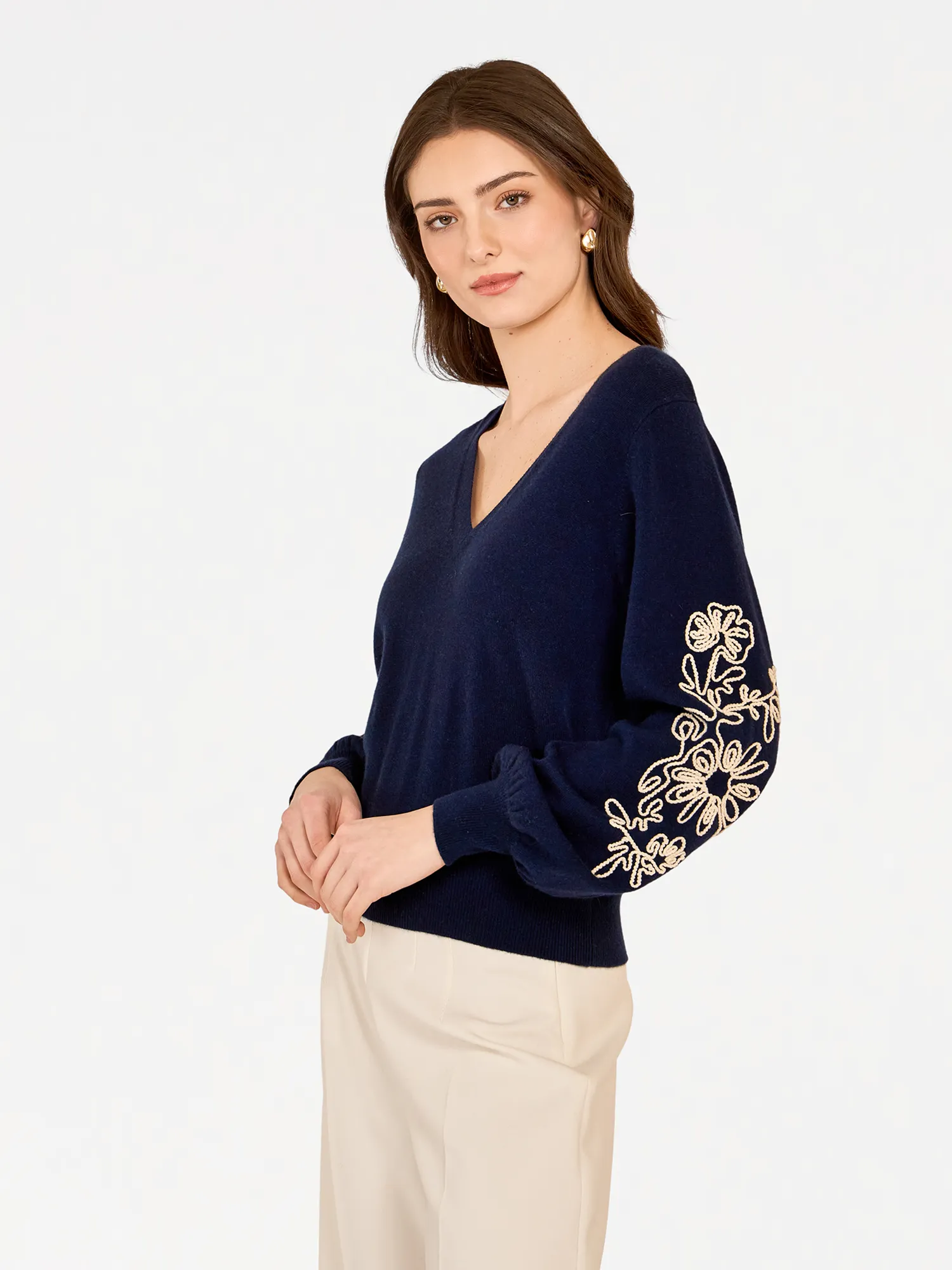 Puff Sleeve V W/ Contrast Embroidery in Navy sold by Autumn Cashmere product image thumbnail 5