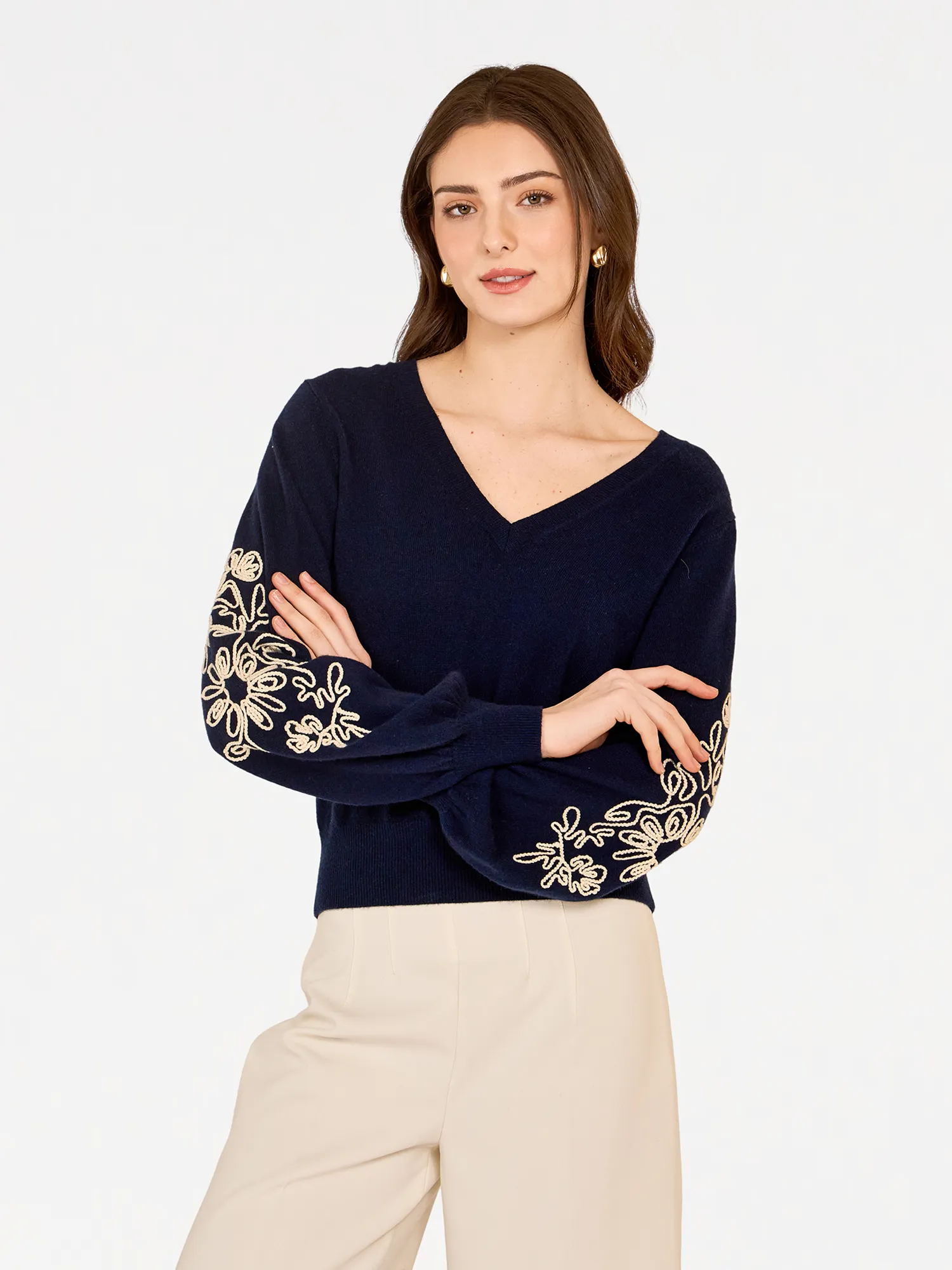 Puff Sleeve V W/ Contrast Embroidery in Navy sold by Autumn Cashmere