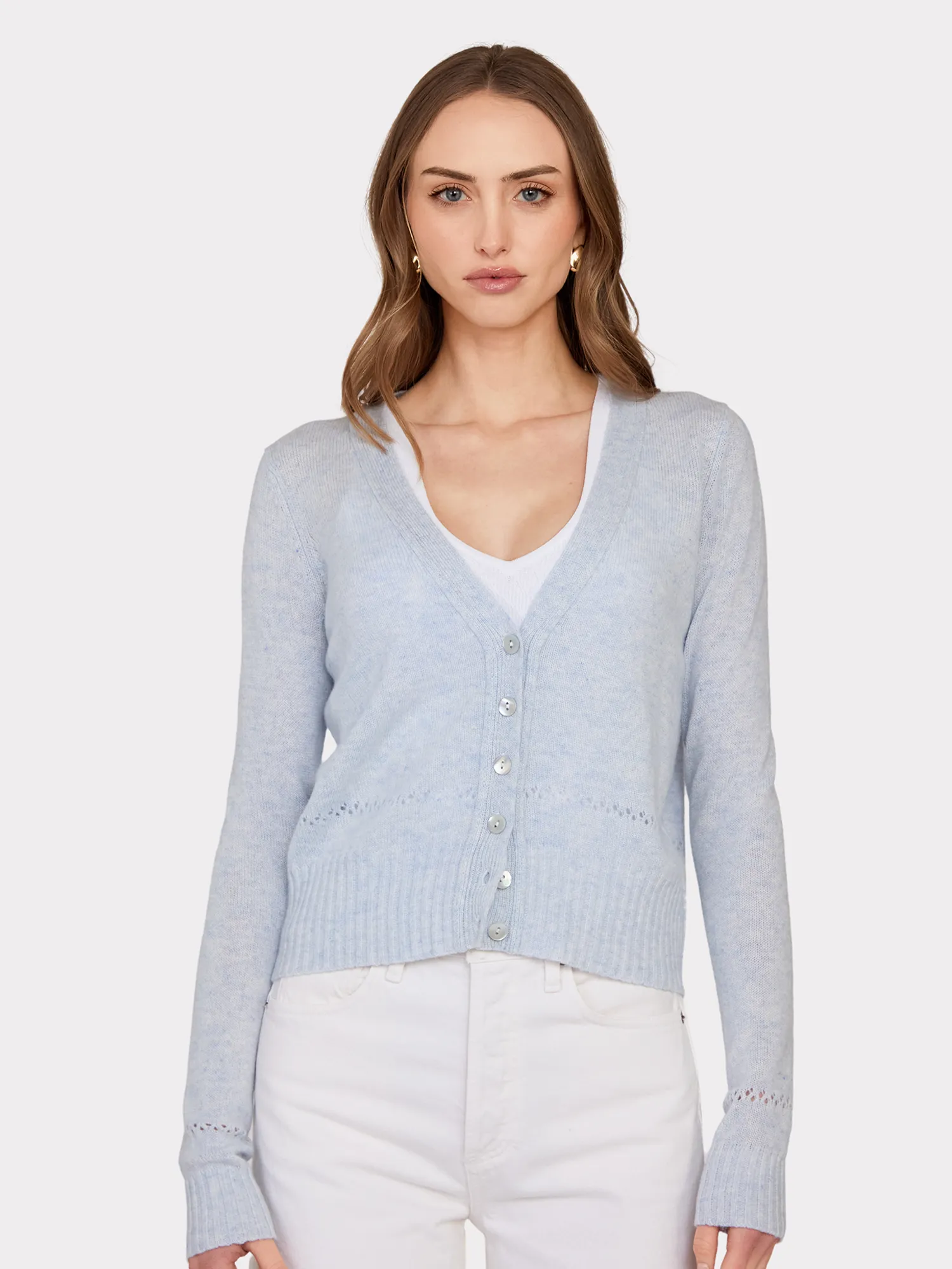 V-Neck Cardigan W/ Pointelle Stitch Detail in Space sold by Autumn Cashmere