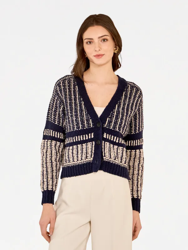 2-Tone Jacquard Cropped V-Neck Cardigan in Navy/Sand sold by Autumn Cashmere