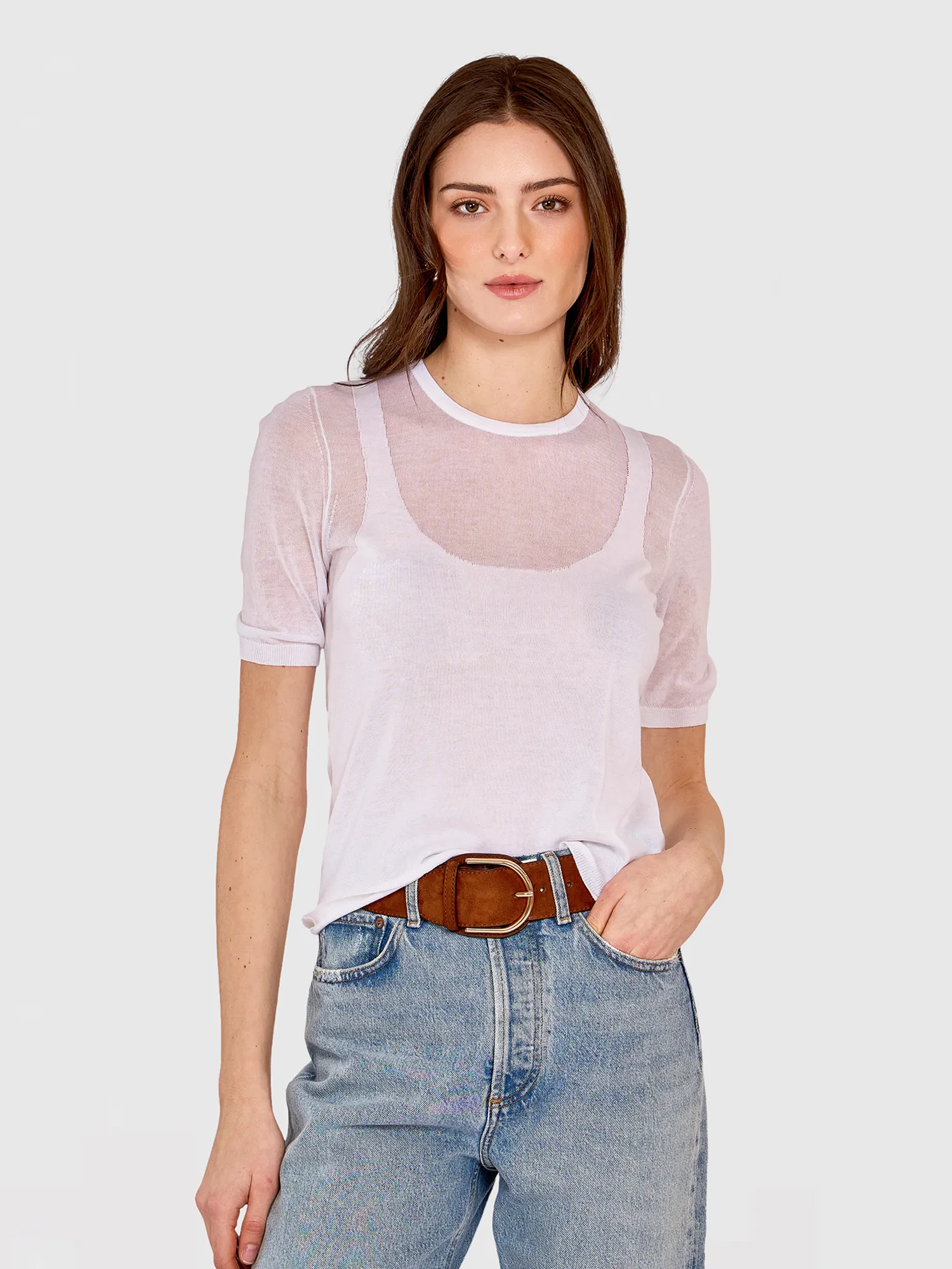 Sheer Tee W/ Shadow Tank Outline in Bleach White sold by Autumn Cashmere