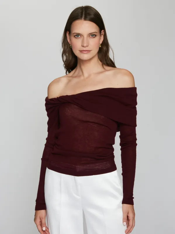 Twisted Off-The-Shoulder in Wine sold by Autumn Cashmere