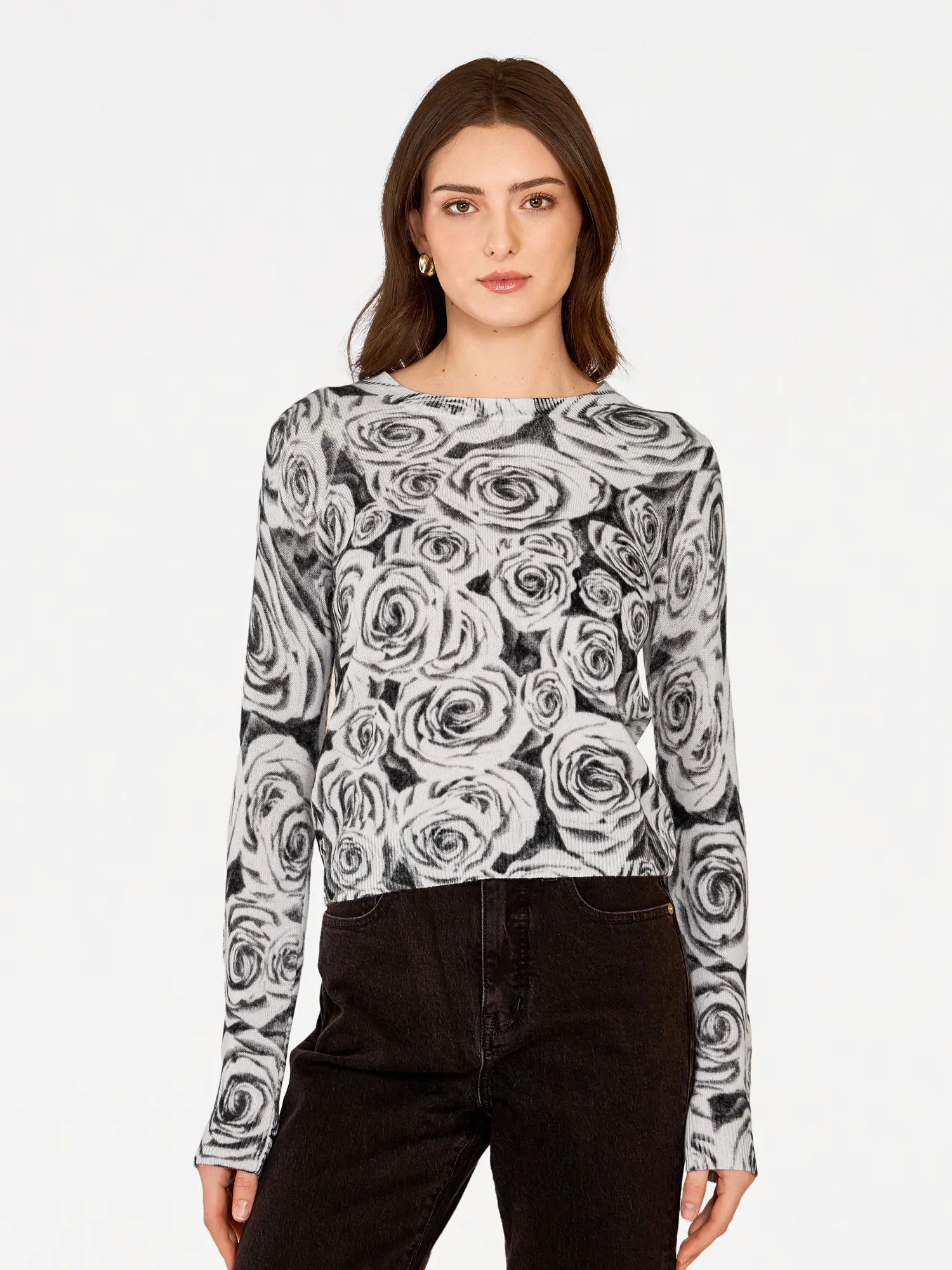Rose Print Crew in Black and White sold by Autumn Cashmere